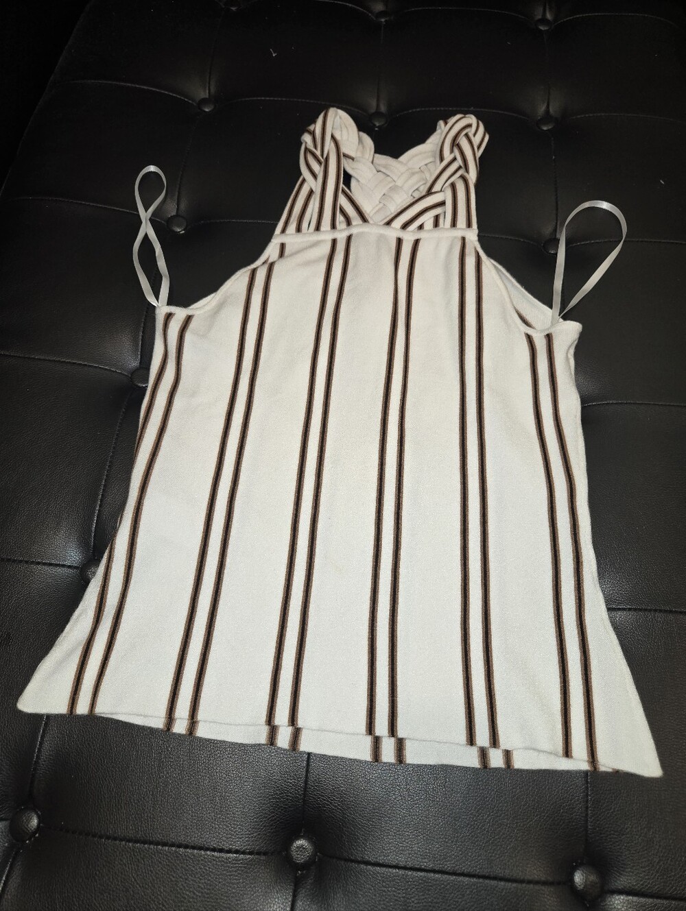 Braided-Strap Cream Tank Top with Brown Stripes